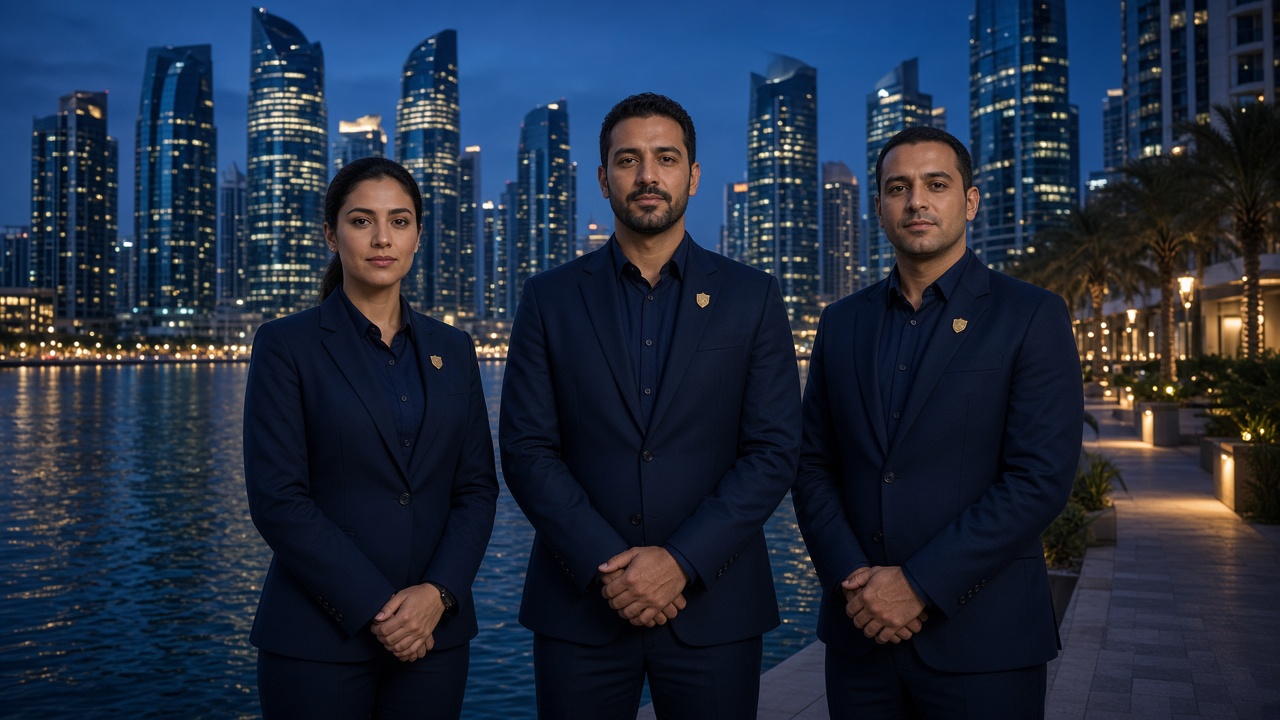 Security officers in navy uniform on a Dubai waterfront at dusk