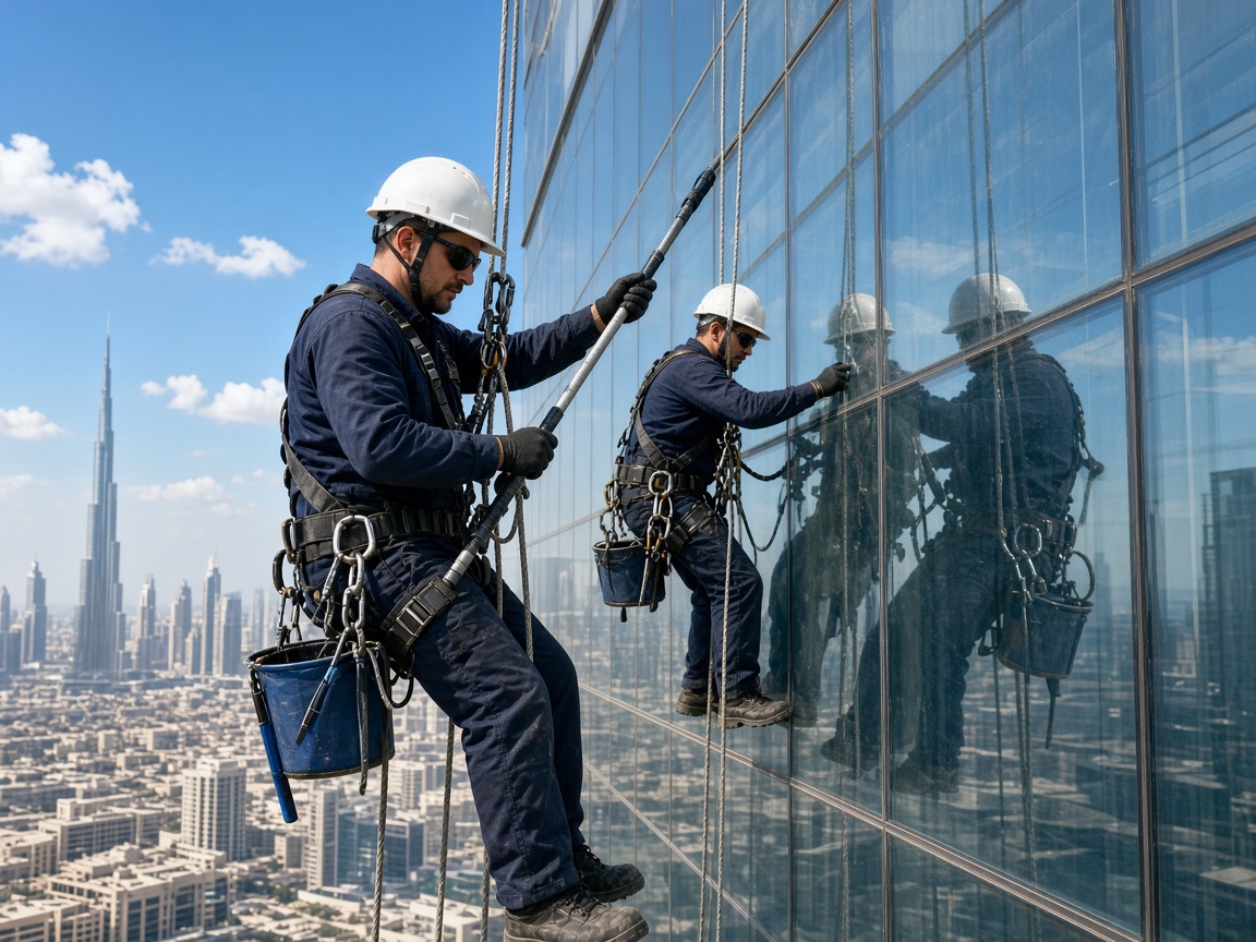 Technicians cleaning the glass facade of a high-rise